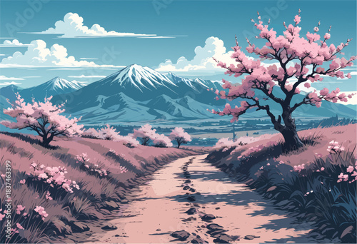 Idyllic spring landscape vector illustration depicting a large blooming cherry blossom tree on the left of a dirt road leading towards a snow-capped mountain, surrounded by pink fields in anime style