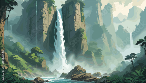Epic landscape vector illustration showing a massive waterfall plunging into a river within a misty, jungle-covered canyon filled with towering rock formations and tropical vegetation