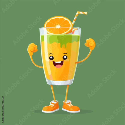 Cute cartoon mascot of a dual-layered orange and green smoothie glass flexing muscles, featuring an orange slice topper and sneakers, isolated on a green background, vector illustration.