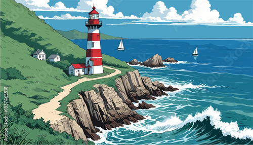 Scenic coastal landscape illustration featuring a classic red and white striped lighthouse on a green cliff, overlooking a blue ocean with sailboats and crashing waves in a comic style