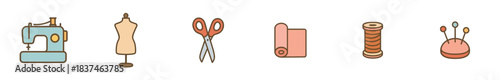 Collection of six colorful sewing and tailoring icons, featuring a sewing machine, dress form, scissors, fabric roll, thread spool, and pincushion, rendered in a charming flat vector style