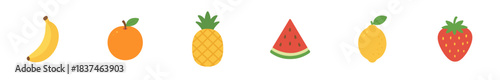 Six colorful flat cartoon style fruits, including a banana, orange, pineapple, watermelon slice, lemon, and strawberry, are playfully arranged in a cheerful row