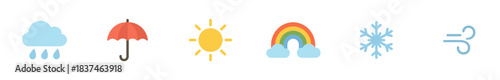 Six colorful weather forecast icon symbols representing various atmospheric conditions like rain, sun, wind, and snow, depicted in a clean, modern flat design style