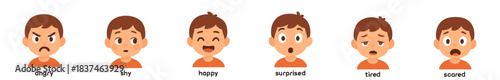 Six cartoon boy faces display various emotions including angry, shy, happy, surprised, tired, and scared, rendered in a simple, flat vector illustration style