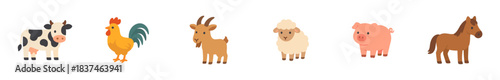 Six cute cartoon farm animals including a cow, rooster, goat, sheep, pig, and horse are depicted in a cheerful, colorful, and simple flat design style