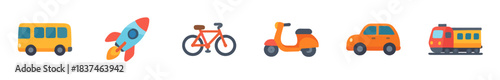 Six colorful cartoon transportation vehicles, including a bus, rocket, bicycle, scooter, car, and train, are presented in a bright, flat graphic style