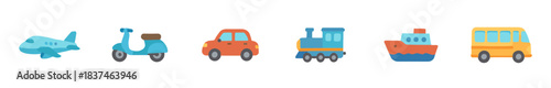 Six colorful cartoon transportation vehicles are neatly arranged in a horizontal row, showcasing an airplane, scooter, car, train, ship, and bus with a cheerful, simple flat illustration style