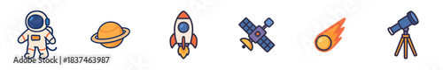 Collection of colorful cartoon space icons featuring an astronaut, ringed planet, launching rocket, satellite, comet, and telescope, presented in a playful flat design with bold outlines