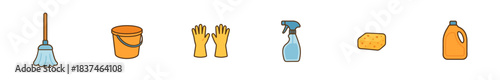 Collection of colorful cartoon cleaning supplies and tools including a mop, bucket, gloves, spray bottle, sponge, and detergent bottle, presented in a cheerful, flat design style