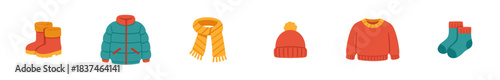 Colorful collection of warm winter clothing items, including boots, a jacket, a scarf, a beanie, a sweater, and socks, presented in a cheerful flat vector style