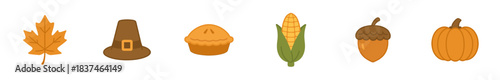 Six colorful autumn Thanksgiving icons including a maple leaf, pilgrim hat, pie, corn, acorn, and pumpkin are arranged in a charming flat vector illustration style