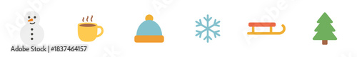 Six colorful flat design winter themed icons including a snowman, hot drink, cozy hat, snowflake, sled, and a festive pine tree, presented in a cheerful, minimalist style