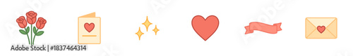 Charming collection of flat design love and romance icons, including roses, a greeting card, sparkles, a heart, a ribbon, and an envelope, presented in a cheerful and simple style