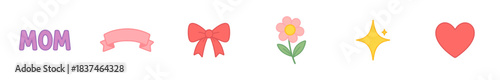Delightful collection of cute, colorful, cartoonish elements: the word 'MOM', a pink banner, a red bow, a pink flower, a yellow sparkle, and a red heart, in a cheerful, flat vector style