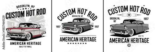 Custom hot rod illustration set featuring 1957 American heritage cars with retro typography for vintage automotive poster and apparel design