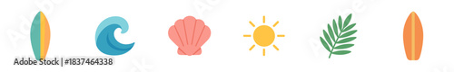 Colorful flat design summer beach icons are neatly arranged in a horizontal row, depicting various vacation elements with a cheerful, minimalist style