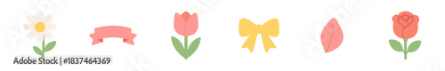 Cute flat design floral and decorative elements including a daisy, tulip, rose, ribbon, bow, and petal, presented in a charming pastel color palette with a minimalist graphic style