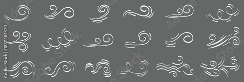 Wind and air swirl hand drawn in vector line doodle art outline icon set, Doodle blowing movement air elements, Wind Hand drawn style collection,  Hand drawn outline aerial shape, Vector Illustration.