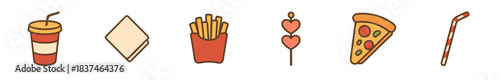 This collection of six simple cartoon fast food icons features a soda cup, folded napkin, french fries, heart skewer, pizza slice, and striped straw in a playful, outlined style
