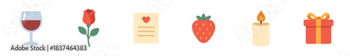 Six colorful flat design icons representing romantic elements like a wine glass, red rose, love letter, strawberry, lit candle, and a festive gift box, conveying a mood of celebration and affection