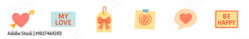 Charming collection of flat cartoon love and happiness icons features a heart with an arrow, a gift tag, speech bubbles, and text signs, all rendered in a sweet, playful, and simple illustration style