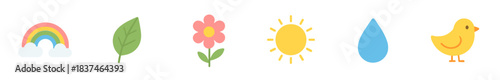 Six colorful flat design nature icons are neatly arranged, depicting a rainbow, leaf, flower, sun, raindrop, and a cute chick, conveying a cheerful and simple spring theme