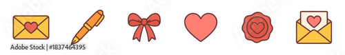 Collection of cute Valentine's Day icons featuring a love letter, envelope, pen, red heart, bow, and wax seal in a simple flat line art illustration style