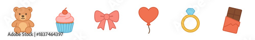 Delightful collection of six charming cartoon-style icons features a teddy bear, cupcake, bow, heart balloon, diamond ring, and chocolate bar, rendered with a cheerful and playful aesthetic