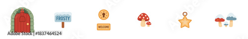 Charming collection of whimsical fantasy elements including a fairy door, snowy sign, mushrooms, and star ornament, rendered in a cute flat illustration style