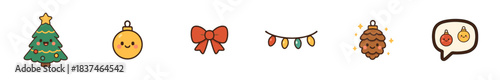 Cute cartoon Christmas holiday decorative elements collection features a happy tree, shiny ornaments, a festive bow, colorful lights, and a sparkling pinecone