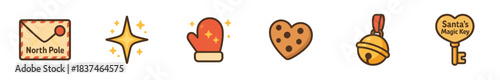 Six charming cartoon Christmas icons are neatly arranged, including a North Pole letter, a sparkling star, a red mitten, a heart-shaped cookie, a golden jingle bell, and a magic key