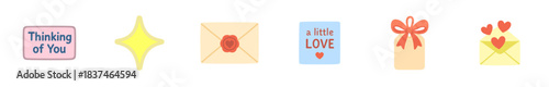 Charming collection of cute, colorful, love-themed vector icons featuring messages, envelopes, a gift tag, and a sparkling star, presented in a sweet and affectionate flat illustration style