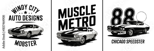 Classic muscle car illustration with bold retro typography and vintage automotive styling in monochrome design