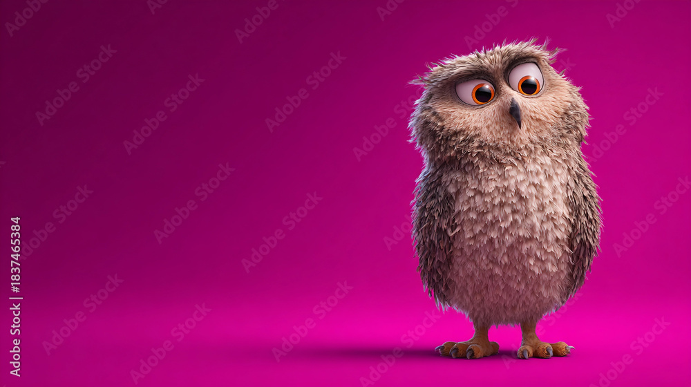 Fototapeta premium Cute owl stands on a pink background looking surprised