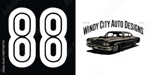 Vintage muscle car illustration with bold racing number 88 and retro automotive badge for custom garage and auto design themes