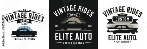 Vintage rides custom auto badges with classic car silhouettes, retro garage emblems and mechanic parts and services design set