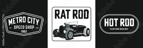 Hot rod and rat rod vintage speed shop badge set with classic custom car illustration and retro garage emblem design
