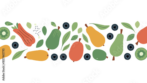 Seamless fruit border with pears kiwi blueberries and leaves in modern flat organic illustration style