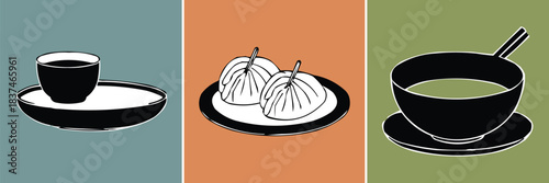 Minimal food illustration set with tea cup dumplings soup bowl on colourful backgrounds in bold graphic style