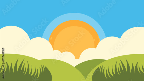 Sunny landscape illustration with rising sun, rolling green hills, soft clouds and bright blue sky in playful graphic style