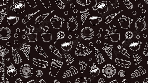 Seamless doodle pattern of coffee cups desserts pizza ice cream fruit and bakery elements on dark background