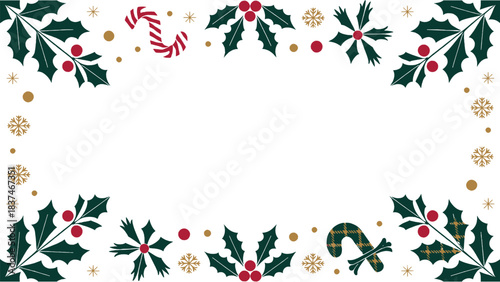 Christmas holly border with berries candy canes and snowflake elements on white festive background