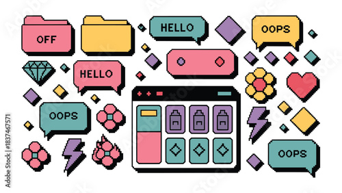 Retro pixel art icons with chat bubbles folders symbols and colourful interface elements on white background