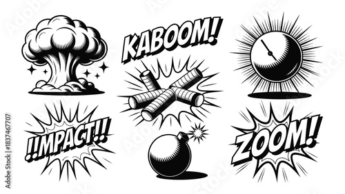 Comic explosion elements with bombs dynamite blast effects and retro pop art action illustrations