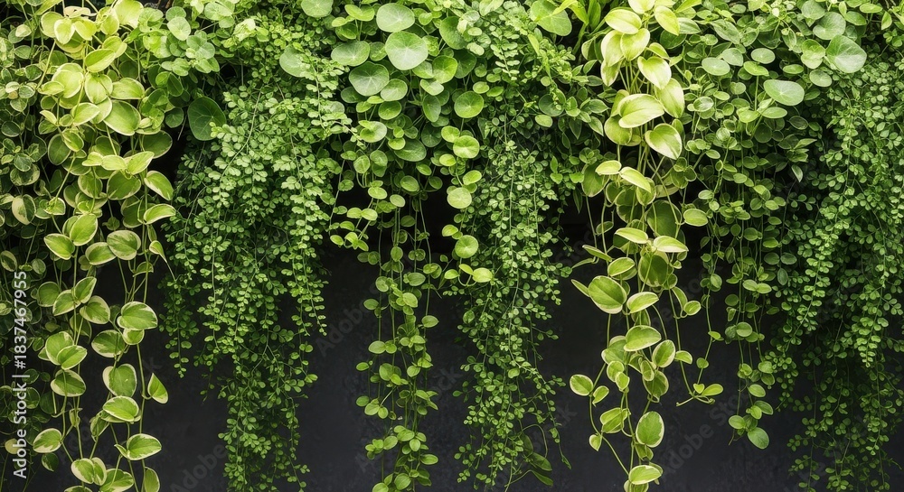 Fototapeta premium Lush green cascading plants create a natural wall backdrop.