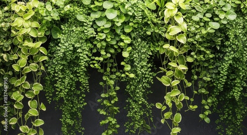 Lush green cascading plants create a natural wall backdrop.