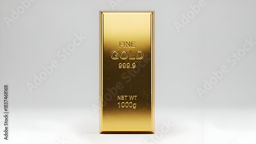 Gold bar with fine gold 9999 and net wt 1000g text standing upright on clean light background showing wealth investment asset value luxury metal finance market savings money economic growth and commer