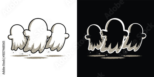Cute ghost character trio with grunge texture in cartoon style on light and dark background variations