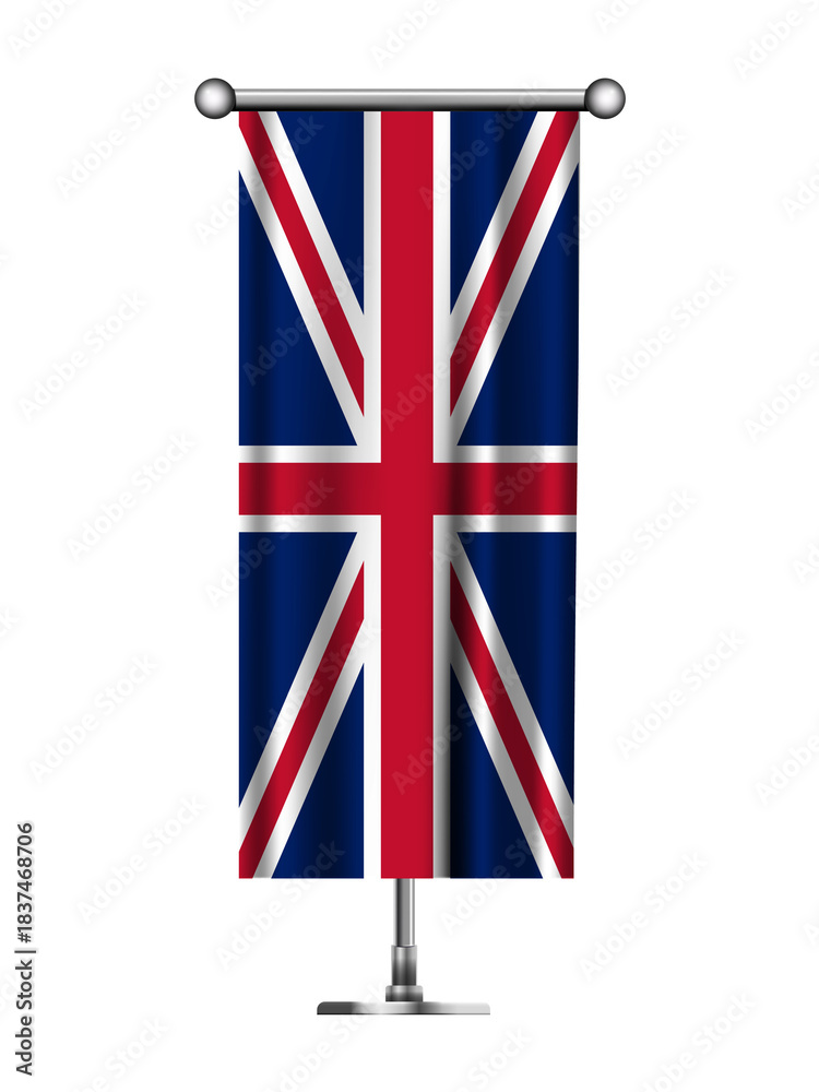 Fototapeta premium Realistic Standing Vertical UNITED KINGDOM Flag Banner on Metallic Pole