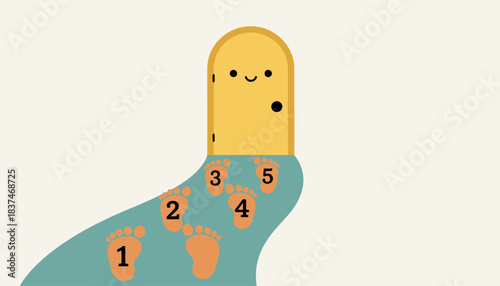 A series of footsteps leading to a cheerful door with each footprint clearly marked with sequential numbers.